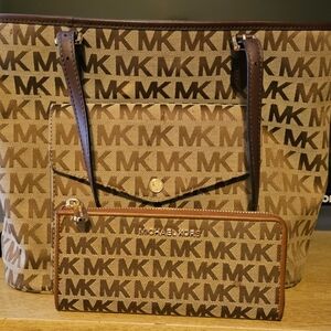 Michael Kors Tan Monogram Tote and Wallet